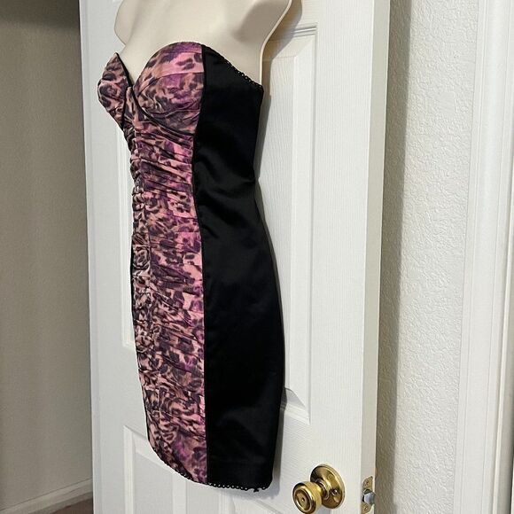Bebe Black with Purple Leopard Strapless Ruched Dress Size Medium - Picture 3 of 12